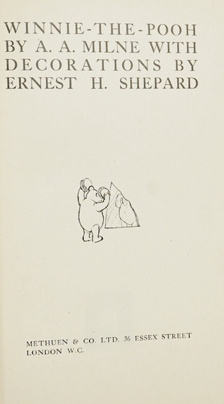 Milne, A.A. - Winnie-the-Pooh... with decorations by Ernest H. Shepard. First Edition. title and num. illus. (some full page), pictorial map on e/ps., half title; publisher's gilt ruled and pictorial green cloth, gilt to